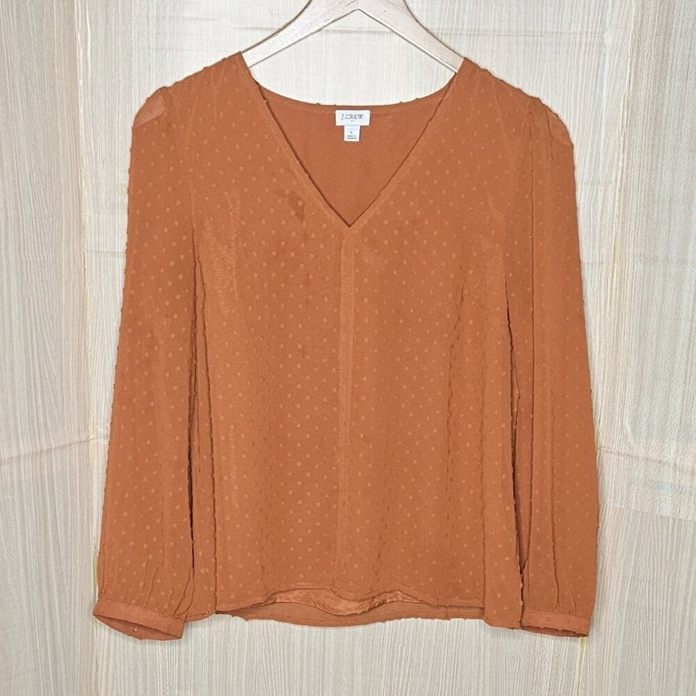 J. Crew Rust Orange Swiss Dot Long Sleeve Blouse Large